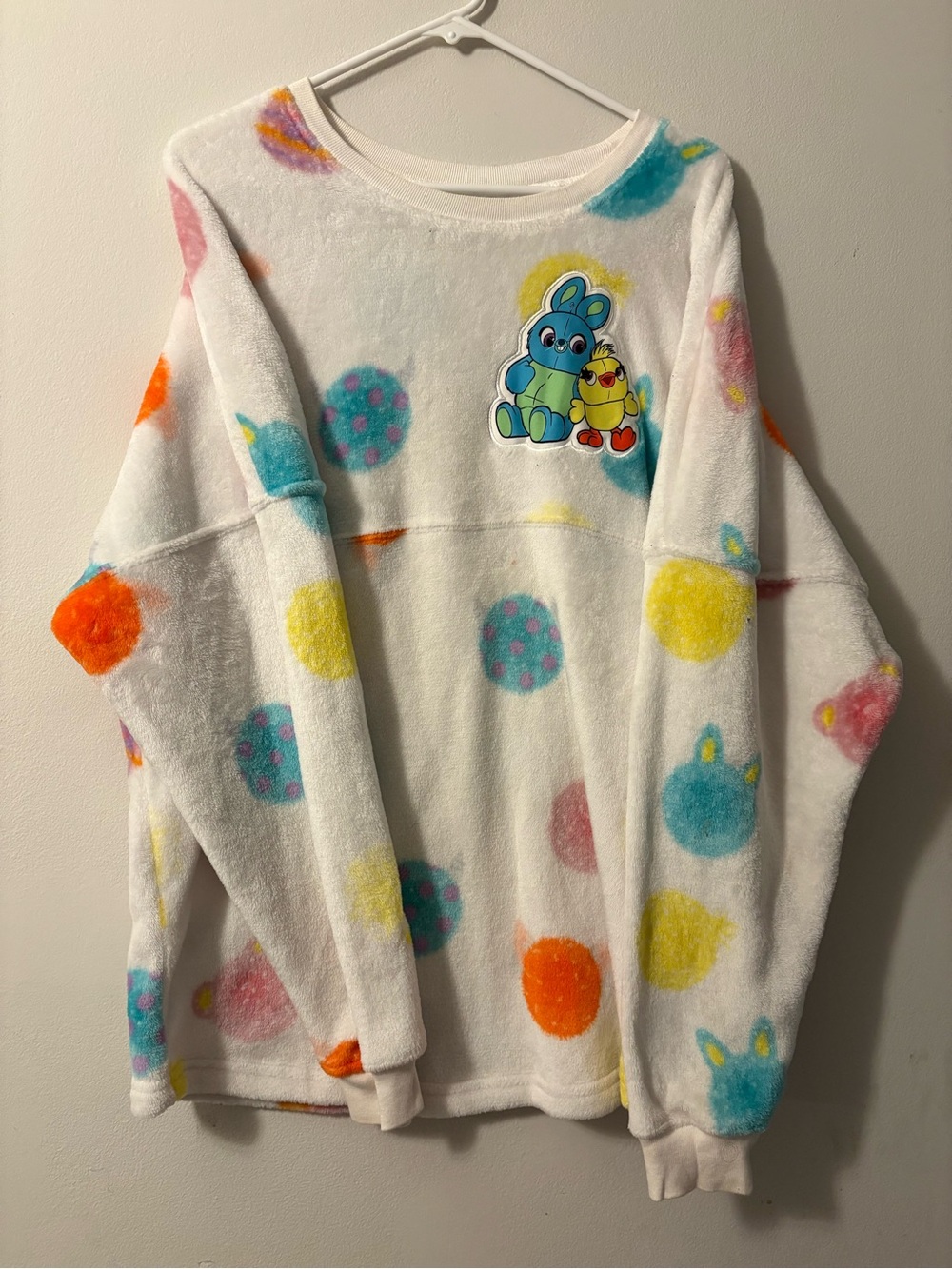 Disney White Plush Pullover with Multicolor Dot & Character Patch